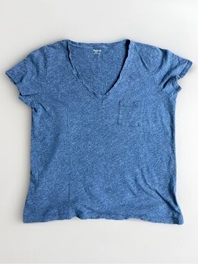 Madewell Heathered Blue Casual V-Neck Pocket Tee Wear Sz S Short Sleeve